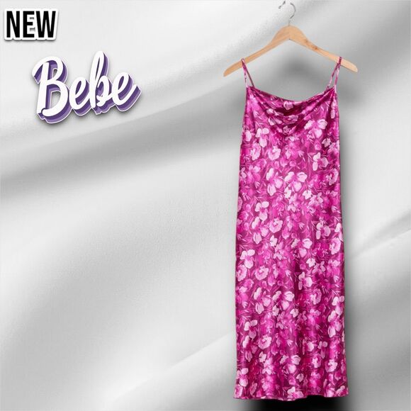 New NWT Women Bebe Printed Satin Bias Floral Midi Dress Ivory/ Multi Extra Small - Picture 2 of 5